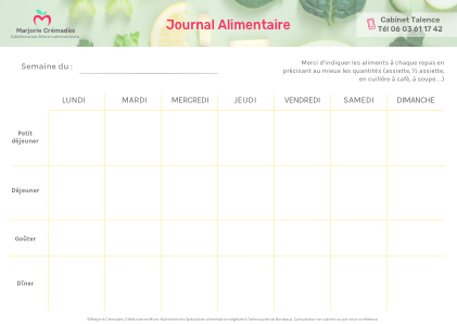 Carnet Alimentaire PDF (à remplir) - Marjorie Crémadès  Diététicienne  micro-nutritionniste, spécialiste de lalimentation végétale