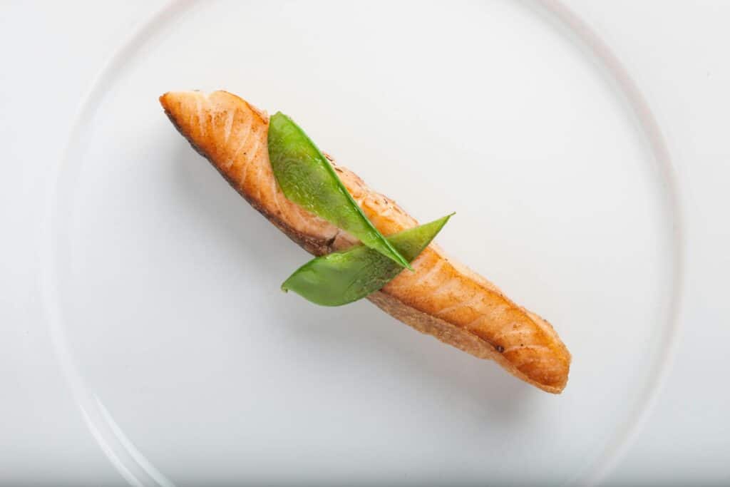 Elegant dish of grilled salmon fillet with green garnish on a white plate.